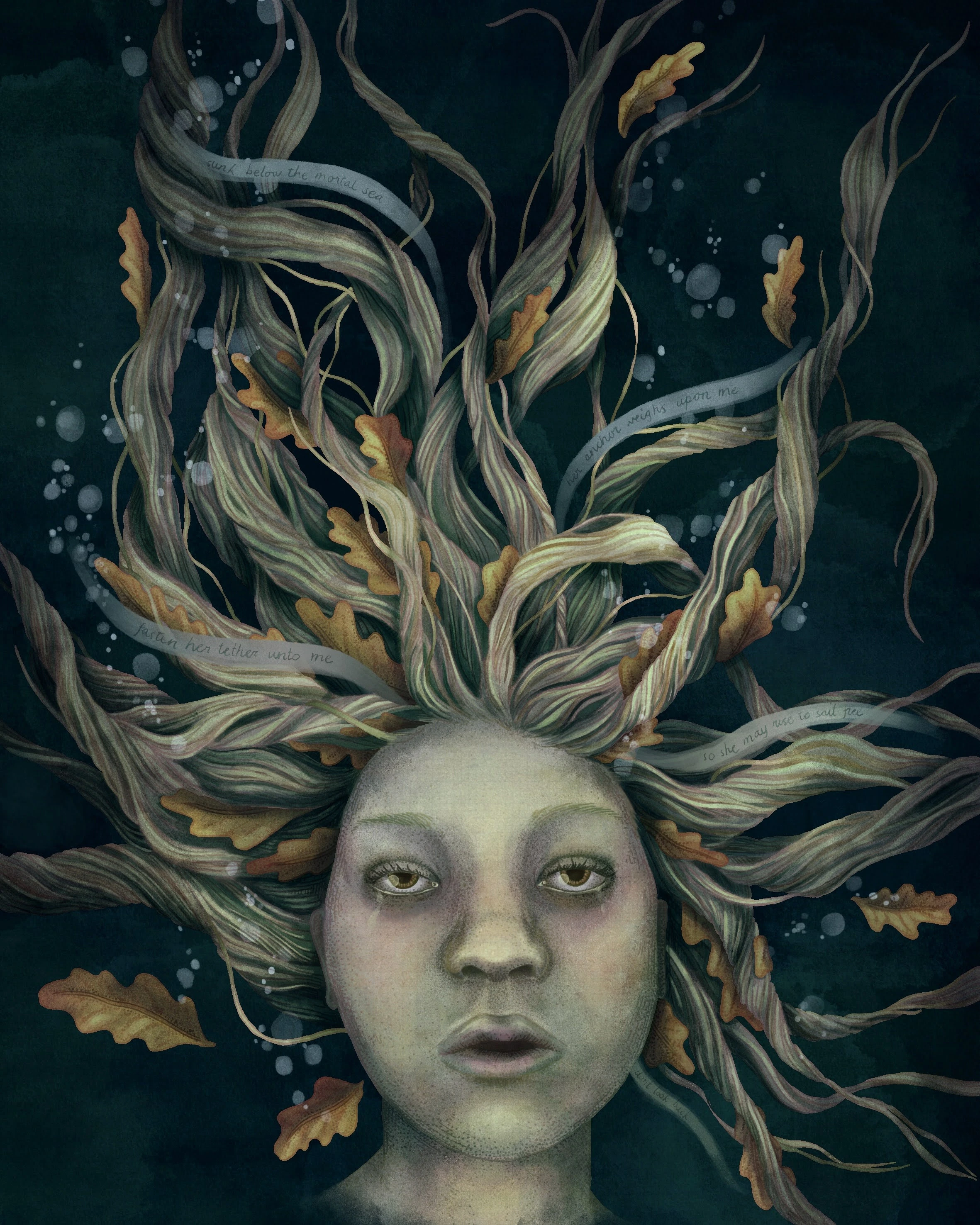 Digital illustration of Eurydice from Hades by Bethanee Kay. A close-up portrait of a woman underwater, with tangled flowing hair, autumn oak leaves, and a somber expression. Lyrics flow through the hair.