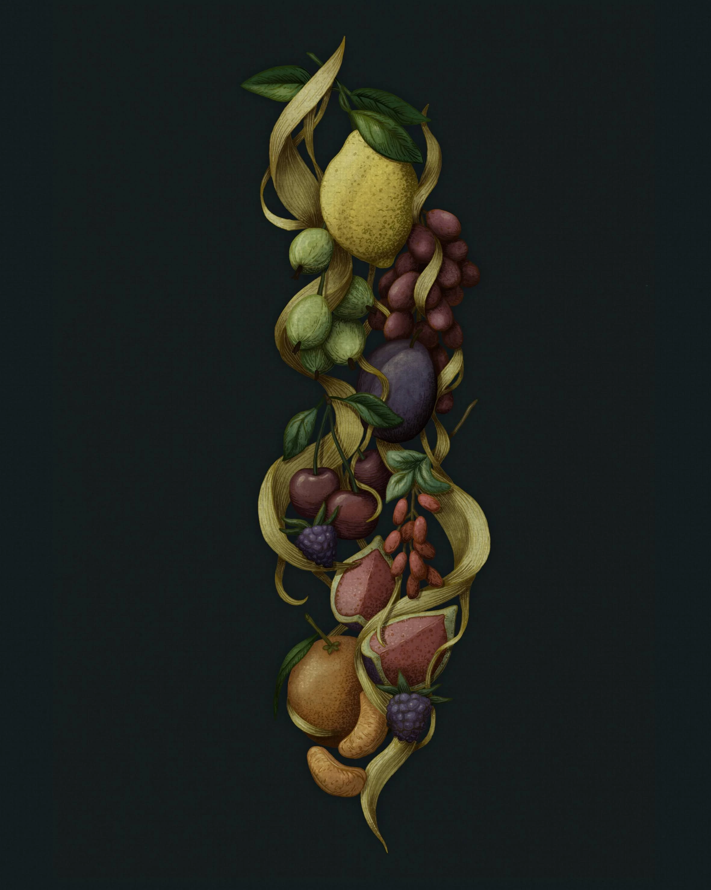Cornucopia of fruit and blonde hair illustrating Christina Rosetti's Goblin Market