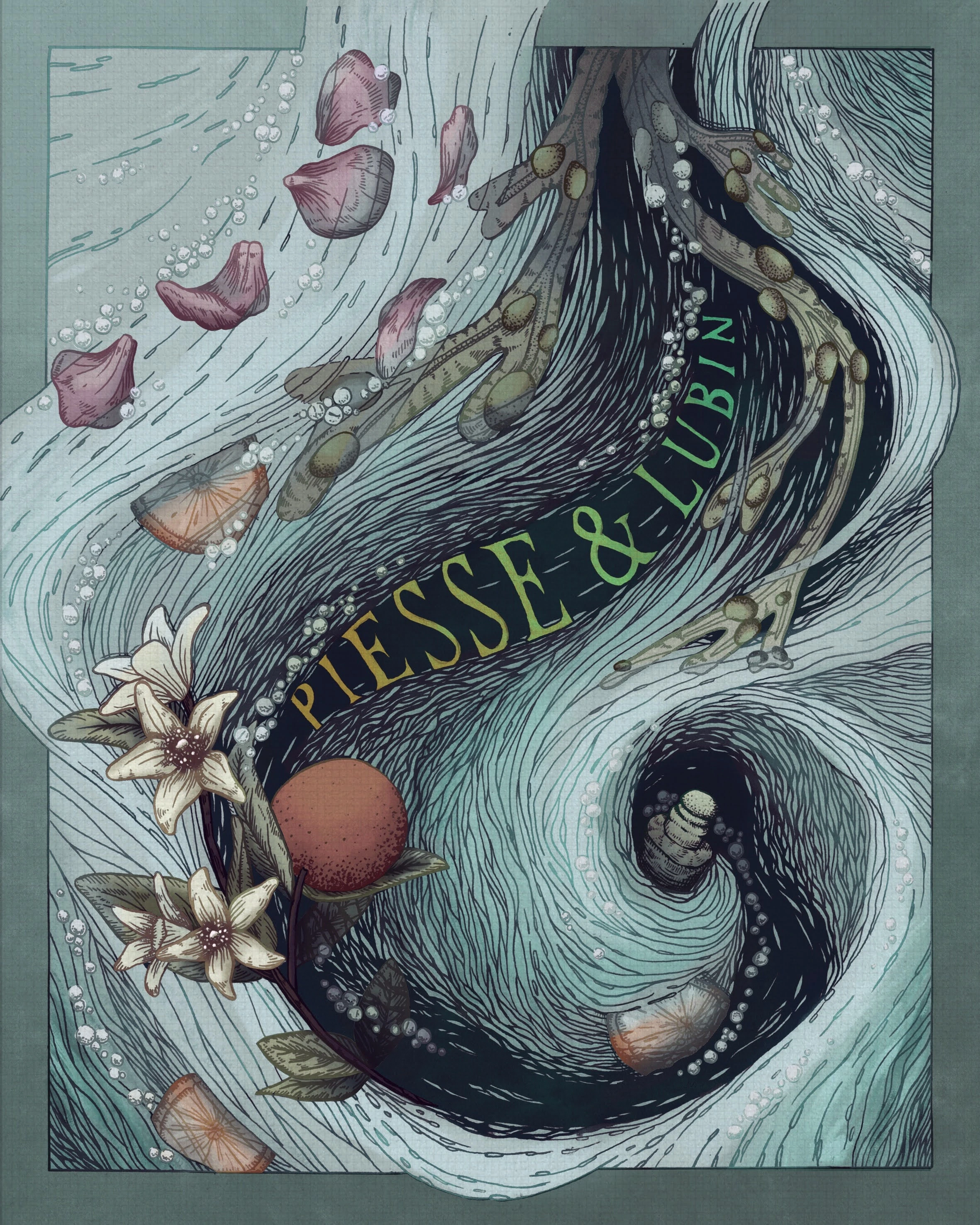 A vintage style illustration of fruits, petals and flowers pulled into a whirlpool with the warped text 'Piesse and Lubin'