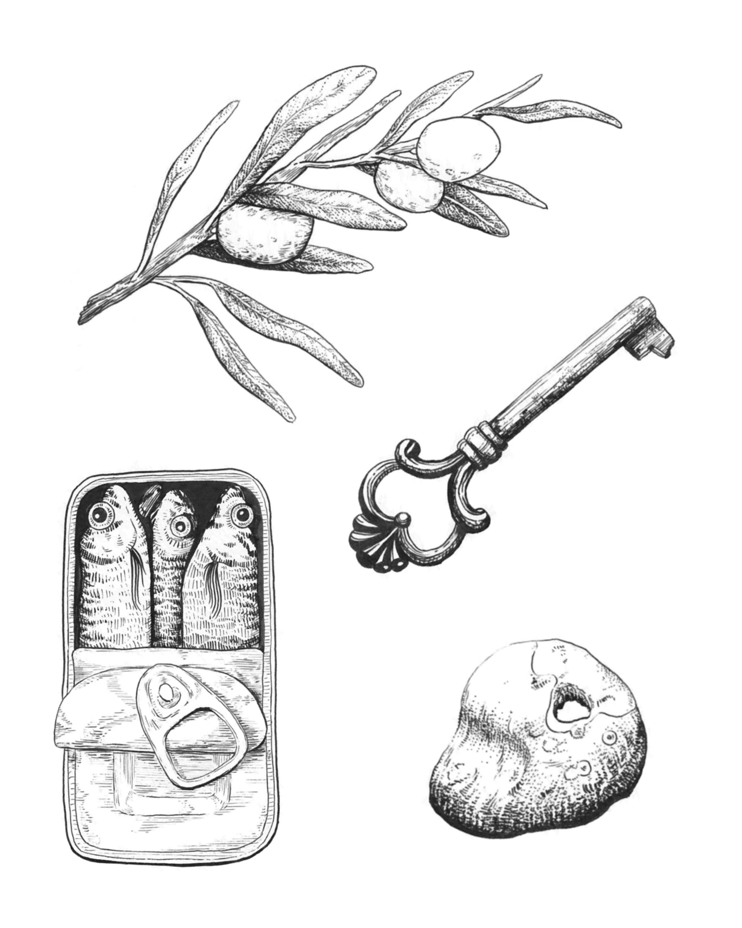A black and white ink illustration of a key, a hagstone, a tin of sardines and an olive branch